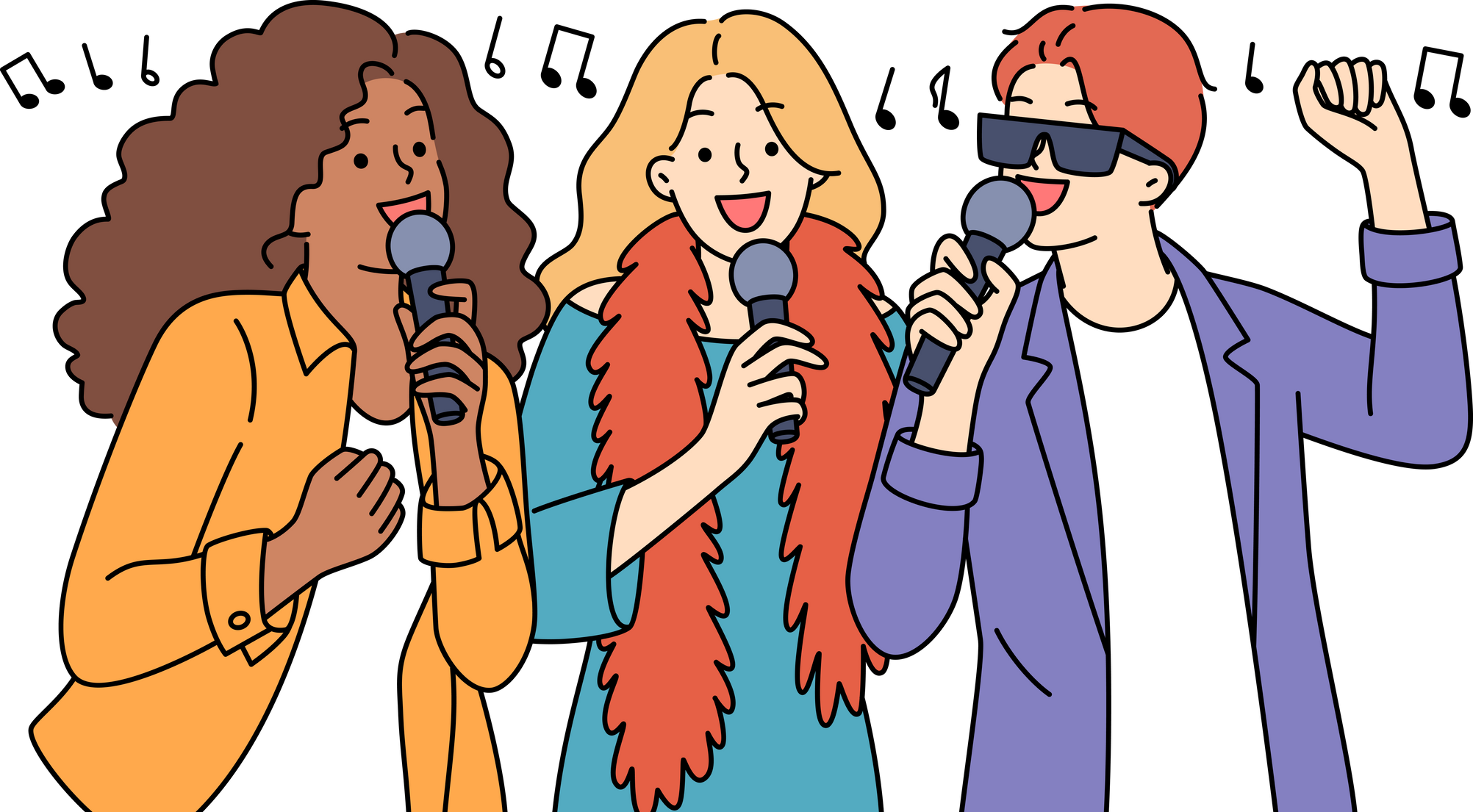 Smiling people have fun singing karaoke